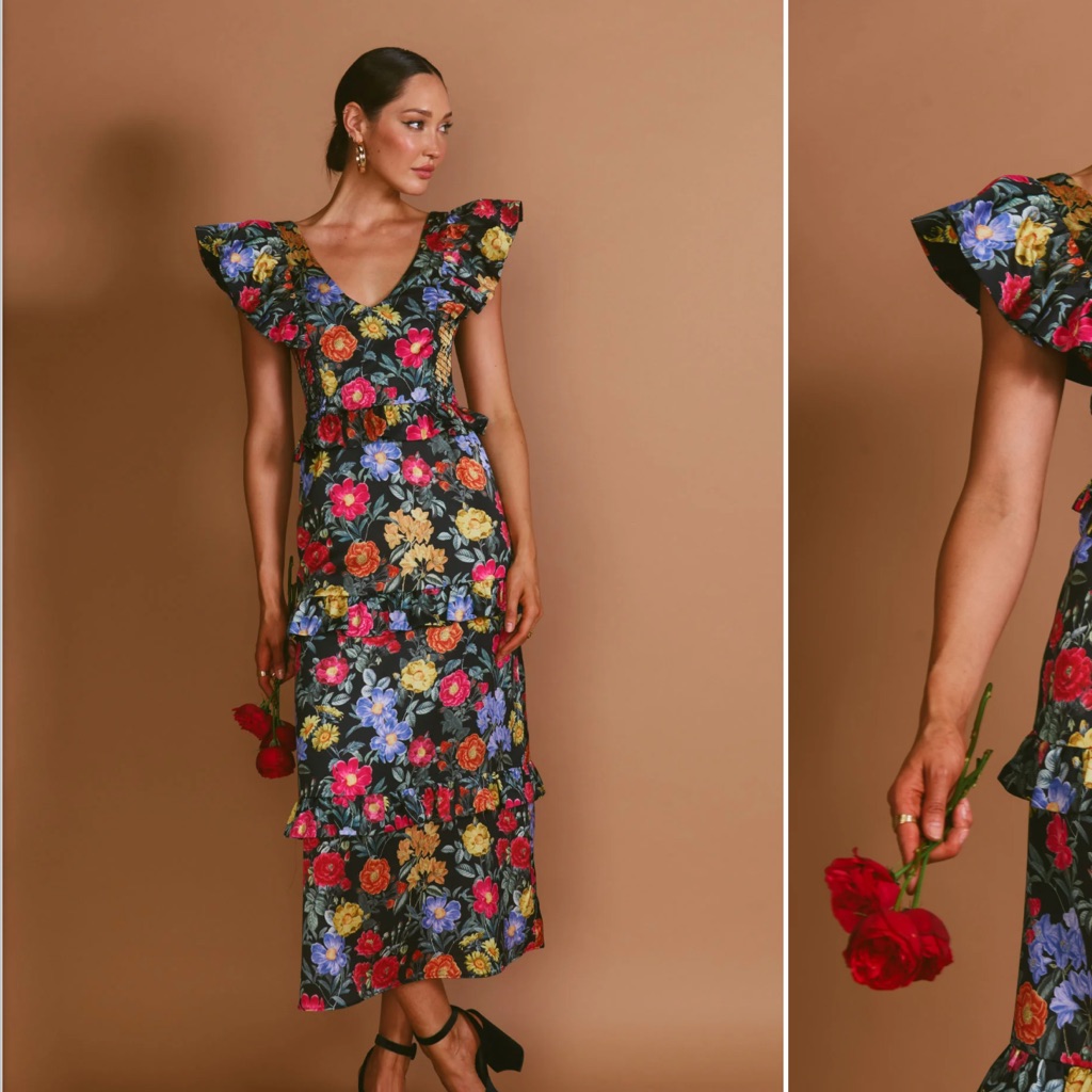 Show Me Your Mumu Black Floral Maxi Dress With Ruffled Shoulders